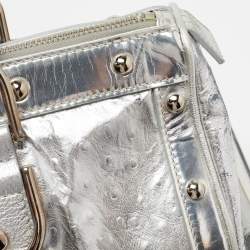 Pre Owned Versace Metallic Silver Ostrich Embossed Leather Snap Out Of It Satchel