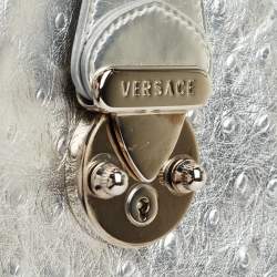 Pre Owned Versace Metallic Silver Ostrich Embossed Leather Snap Out Of It Satchel
