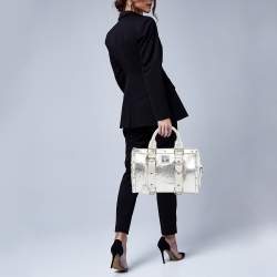 Pre Owned Versace Metallic Silver Ostrich Embossed Leather Snap Out Of It Satchel