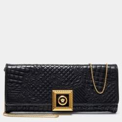 Pre Owned Versace Black Quilted Leather Medusa Chain Clutch