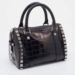 Pre Owned Versace Metallic Black Croc Embossed Leather Studded Satchel