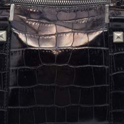 Pre Owned Versace Metallic Black Croc Embossed Leather Studded Satchel
