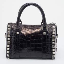Pre Owned Versace Metallic Black Croc Embossed Leather Studded Satchel