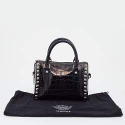 Pre Owned Versace Metallic Black Croc Embossed Leather Studded Satchel
