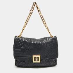 Pre Owned Versace Black Barocco Leather Flap Shoulder Bag