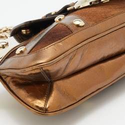 Pre Owned Versace Bronze Leather Trimmed and Calfhair Chain Shoulder Bag