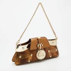Pre Owned Versace Bronze Leather Trimmed and Calfhair Chain Shoulder Bag