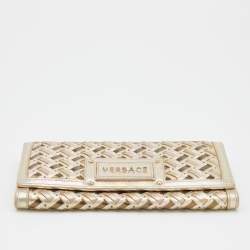 Pre Owned Versace Metallic Gold Woven Leather Flap Wallet On Chain