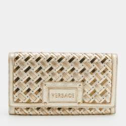 Pre Owned Versace Metallic Gold Woven Leather Flap Wallet On Chain