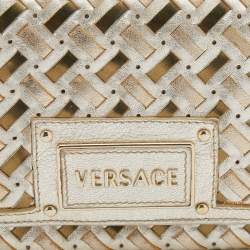 Pre Owned Versace Metallic Gold Woven Leather Flap Wallet On Chain