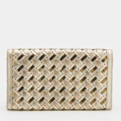 Pre Owned Versace Metallic Gold Woven Leather Flap Wallet On Chain
