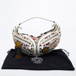 Pre Owned Versace White/Black Printed Canvas,and Leather Shoulder Bag
