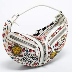 Pre Owned Versace White/Black Printed Canvas,and Leather Shoulder Bag