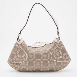 Pre Owned Versace Beige/White Signature Canvas and Leather Baguette