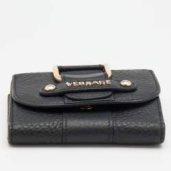 Pre Owned Versace Black Leather French Compact Wallet