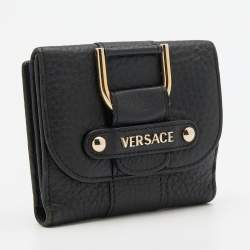 Pre Owned Versace Black Leather French Compact Wallet