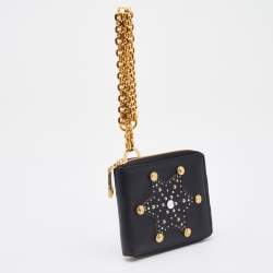 Pre Owned Versace Black Leather Embellished Zip Around Bifold Wallet