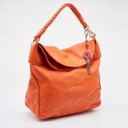 Pre Owned Versace Orange Leather Medusa Logo Braided Handle Hobo