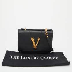 Versace Black Leather Small Virtus Flap Top Handle Bag