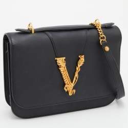 Versace Black Leather Small Virtus Flap Top Handle Bag