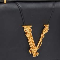 Versace Black Leather Small Virtus Flap Top Handle Bag