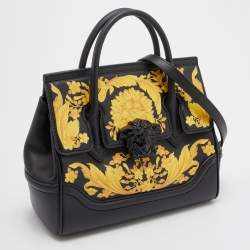 Versace Black/Yellow Baroque Print Leather Palazzo Empire Satchel