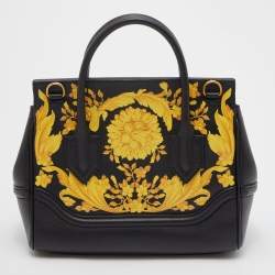 Versace Black/Yellow Baroque Print Leather Palazzo Empire Satchel