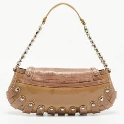 Versace Beige Croc Embossed and Patent Leather Cut Out Chain Hobo
