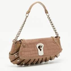 Versace Beige Croc Embossed and Patent Leather Cut Out Chain Hobo
