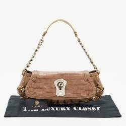 Versace Beige Croc Embossed and Patent Leather Cut Out Chain Hobo