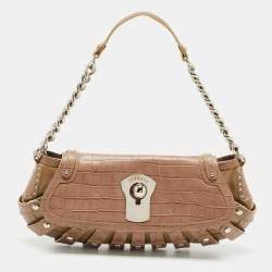 Versace Beige Croc Embossed and Patent Leather Cut Out Chain Hobo