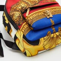 Pre Owned Versace Multicolor Printed Nylon and Leather Mini Medusa Pallazo Backpack