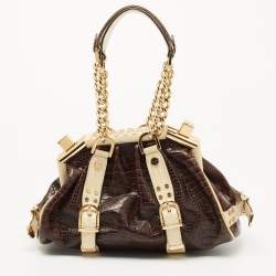 Pre Owned Versace Brown/Cream Croc Embossed Leather Madonna Satchel
