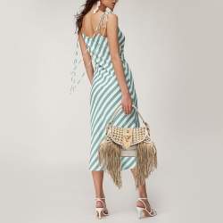Pre Owned Versace Gold/Beige Woven Leather and Suede Medusa Fringe Satchel