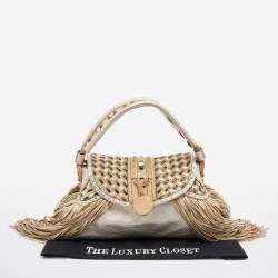 Pre Owned Versace Gold/Beige Woven Leather and Suede Medusa Fringe Satchel