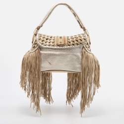 Pre Owned Versace Gold/Beige Woven Leather and Suede Medusa Fringe Satchel