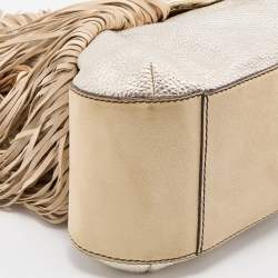 Pre Owned Versace Gold/Beige Woven Leather and Suede Medusa Fringe Satchel