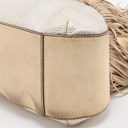 Pre Owned Versace Gold/Beige Woven Leather and Suede Medusa Fringe Satchel