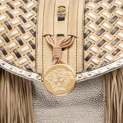 Pre Owned Versace Gold/Beige Woven Leather and Suede Medusa Fringe Satchel