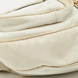 Pre Owned Versace White/Gold Fabric And Leather Zip Embellished Repeat Hobo