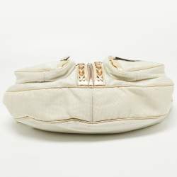Pre Owned Versace White/Gold Fabric And Leather Zip Embellished Repeat Hobo