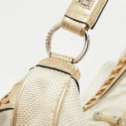 Pre Owned Versace White/Gold Fabric And Leather Zip Embellished Repeat Hobo