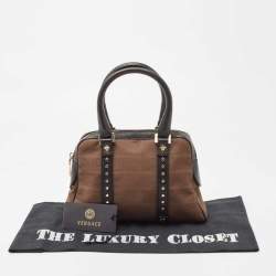 Versace Brown/Black Medusa Print Fabric and Leather Studded Satchel