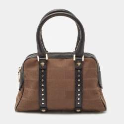 Versace Brown/Black Medusa Print Fabric and Leather Studded Satchel