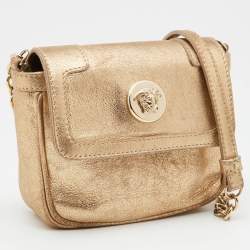 Pre Owned Versace Gold Shimmer Suede Medusa Crossbody Bag