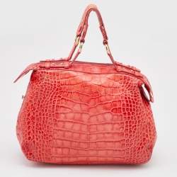 Versace Red Croc Embossed Leather D Ring Satchel