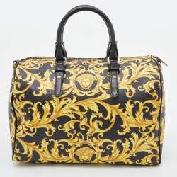 Pre Owned Versace Black/Yellow Printed Coated Canvas and Leather Boston Bag