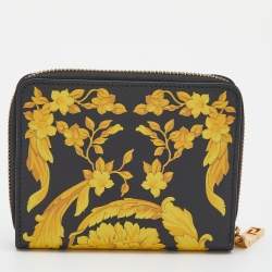 Versace Black/Yellow Baroque Print Coated Canvas Zip Around Wallet