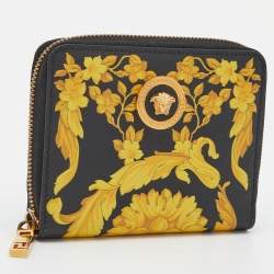 Versace Black/Yellow Baroque Print Coated Canvas Zip Around Wallet