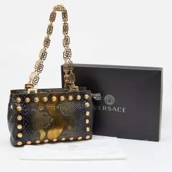 Pre Owned Versace Black/Gold Python and Leather Medusa Studded Chain Shoulder Bag